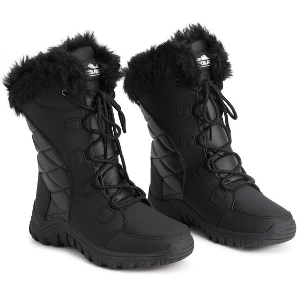 Women’s Black Quilted Faux Fur Cuff Winter Duck Boots Rubber Sole Snow - Picture 7 of 9